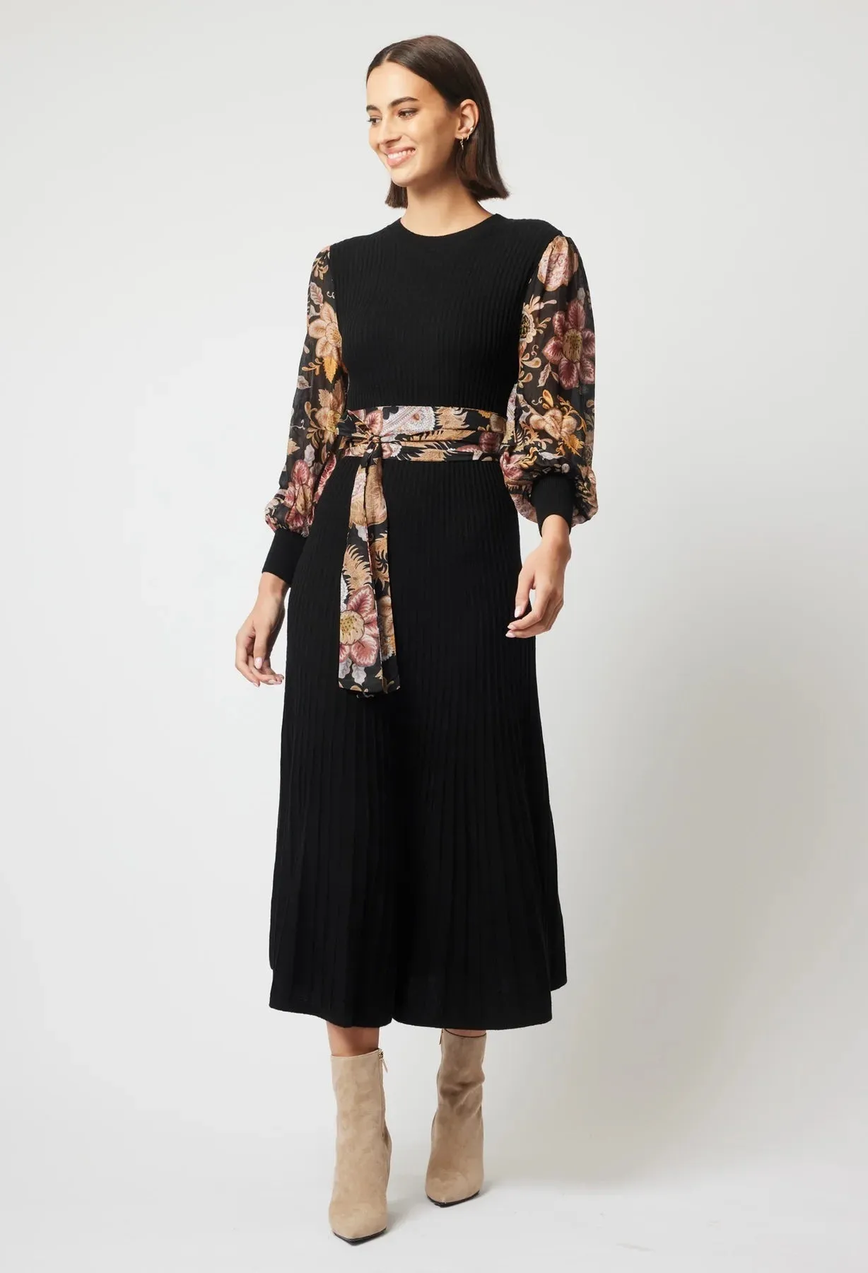 ONCE WAS EMPRESS MERINO WOOL KNIT DRESS IN BLACK/WINTER FLORAL