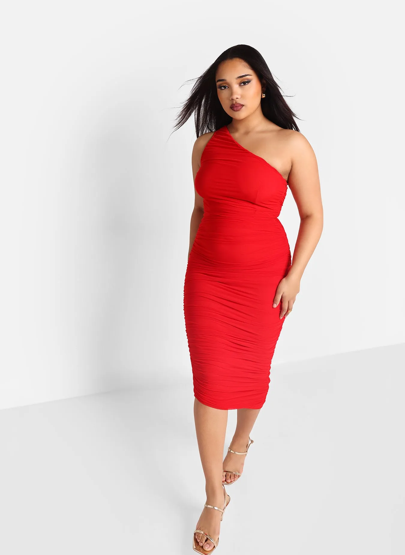 Paris Mesh One Shoulder Asymmetrical Midi Bodycon Dress - Cherry