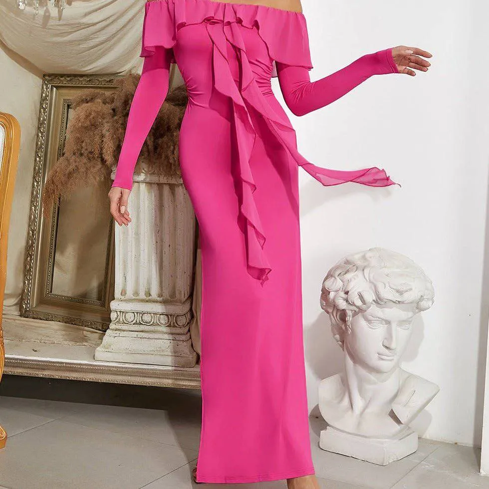 Pinky Long Sleeve Side Slit Ruffle Midi Dress