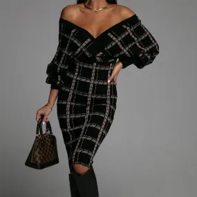 Plaid Batwing Sleeve Sexy Bodycon Dress