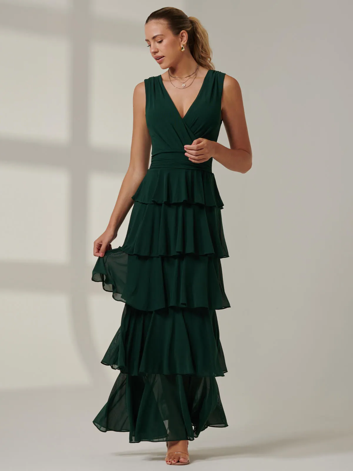 Plain Tiered Mesh Maxi Dress, Dark Green