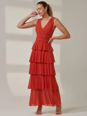 Plain Tiered Mesh Maxi Dress, Dark Orange