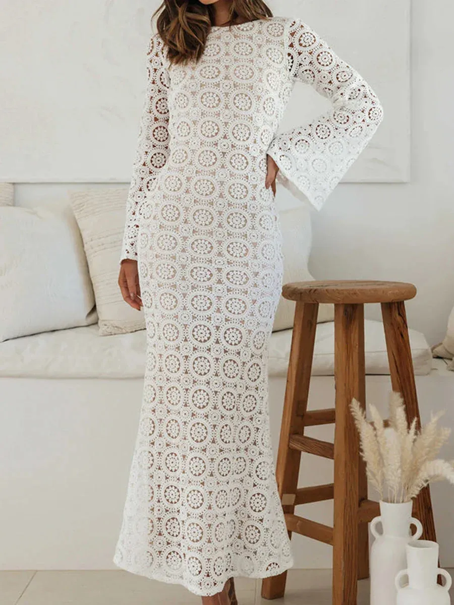 Pmystyle - Women Knit Long Elegant Flower Jacquard Maxi Dress