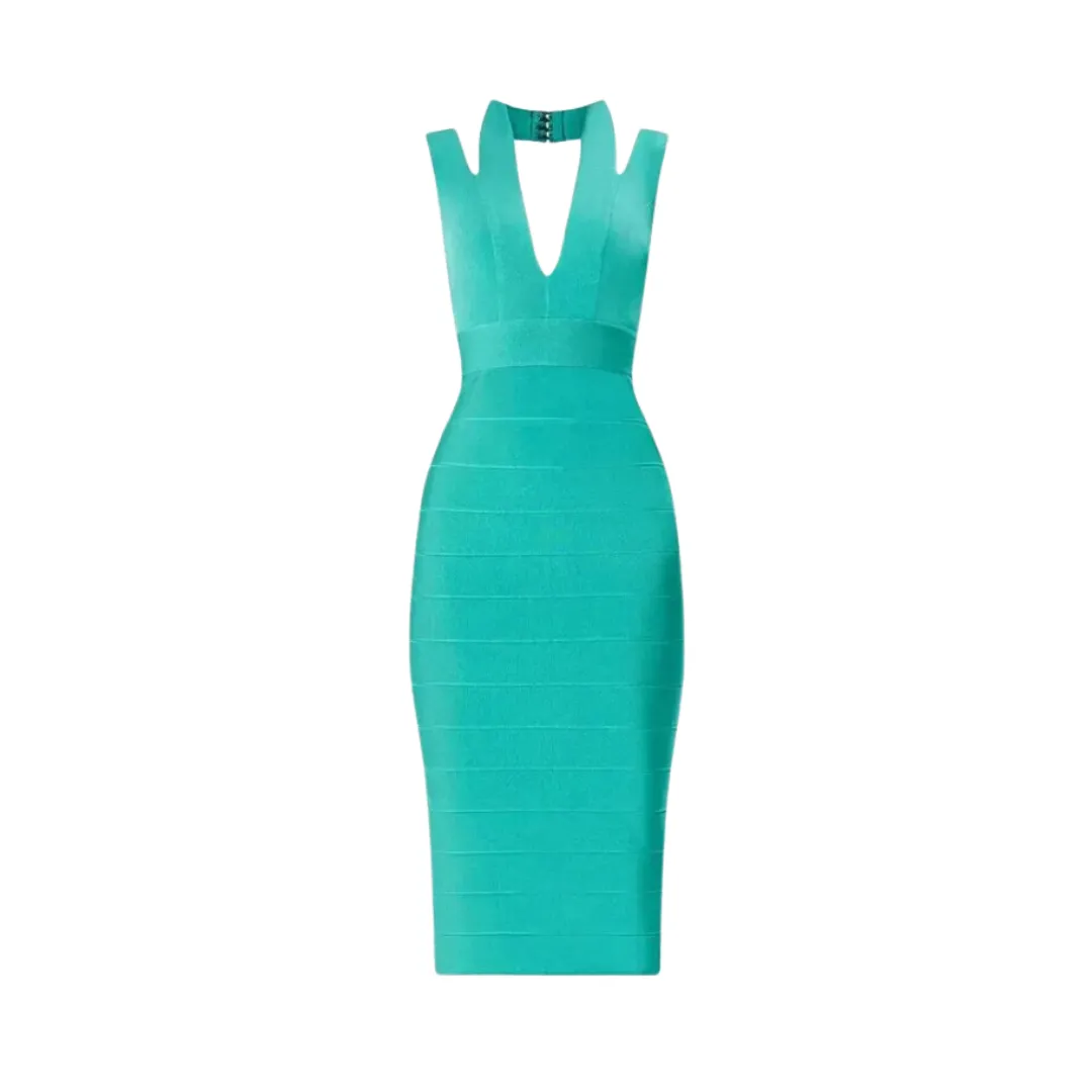 Pre Order:  Elegant V-neck Open Back Midi Bandage Dress