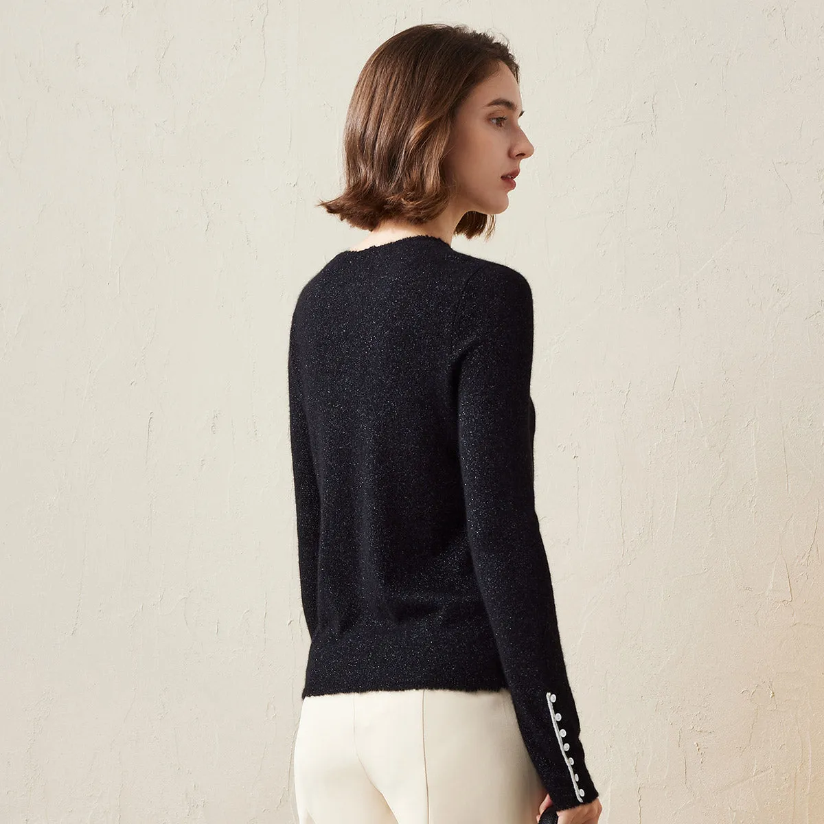 Premium Worsted Cashmere Knit Sweater with Buttoned Cuffs