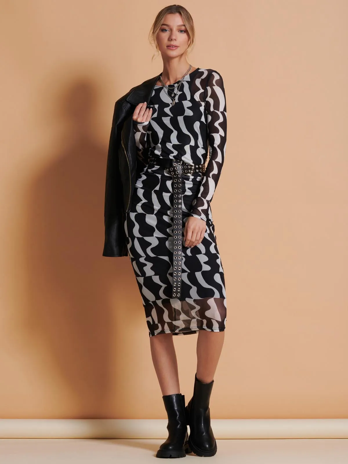 Print Long Sleeve Mesh Bodycon Dress, Black Pattern