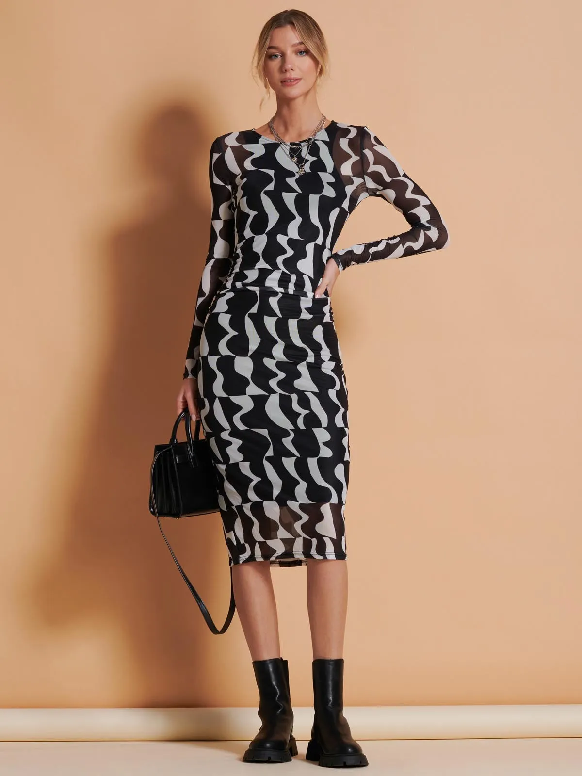 Print Long Sleeve Mesh Bodycon Dress, Black Pattern