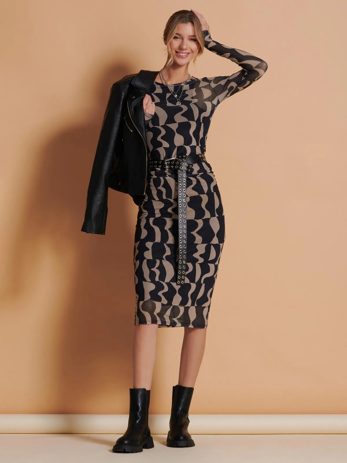 Print Long Sleeve Mesh Bodycon Dress, Brown Pattern