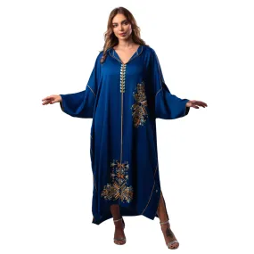 Rima Moroccan Jalabiya Women Embroidery Crepe Blue