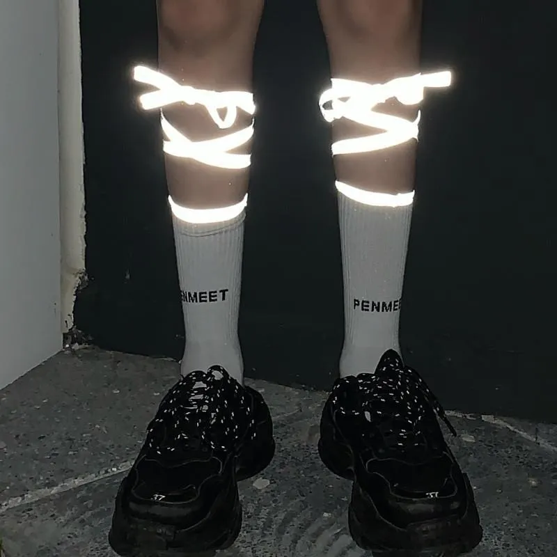 Sale White Tumblr Aesthetic Reflective Straps Tall Socks