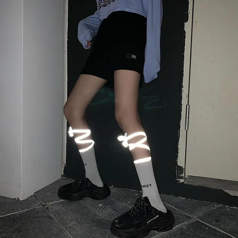 Sale White Tumblr Aesthetic Reflective Straps Tall Socks