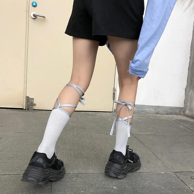 Sale White Tumblr Aesthetic Reflective Straps Tall Socks