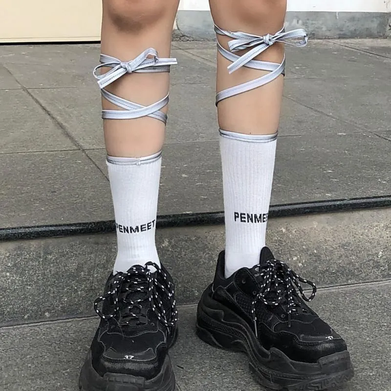 Sale White Tumblr Aesthetic Reflective Straps Tall Socks