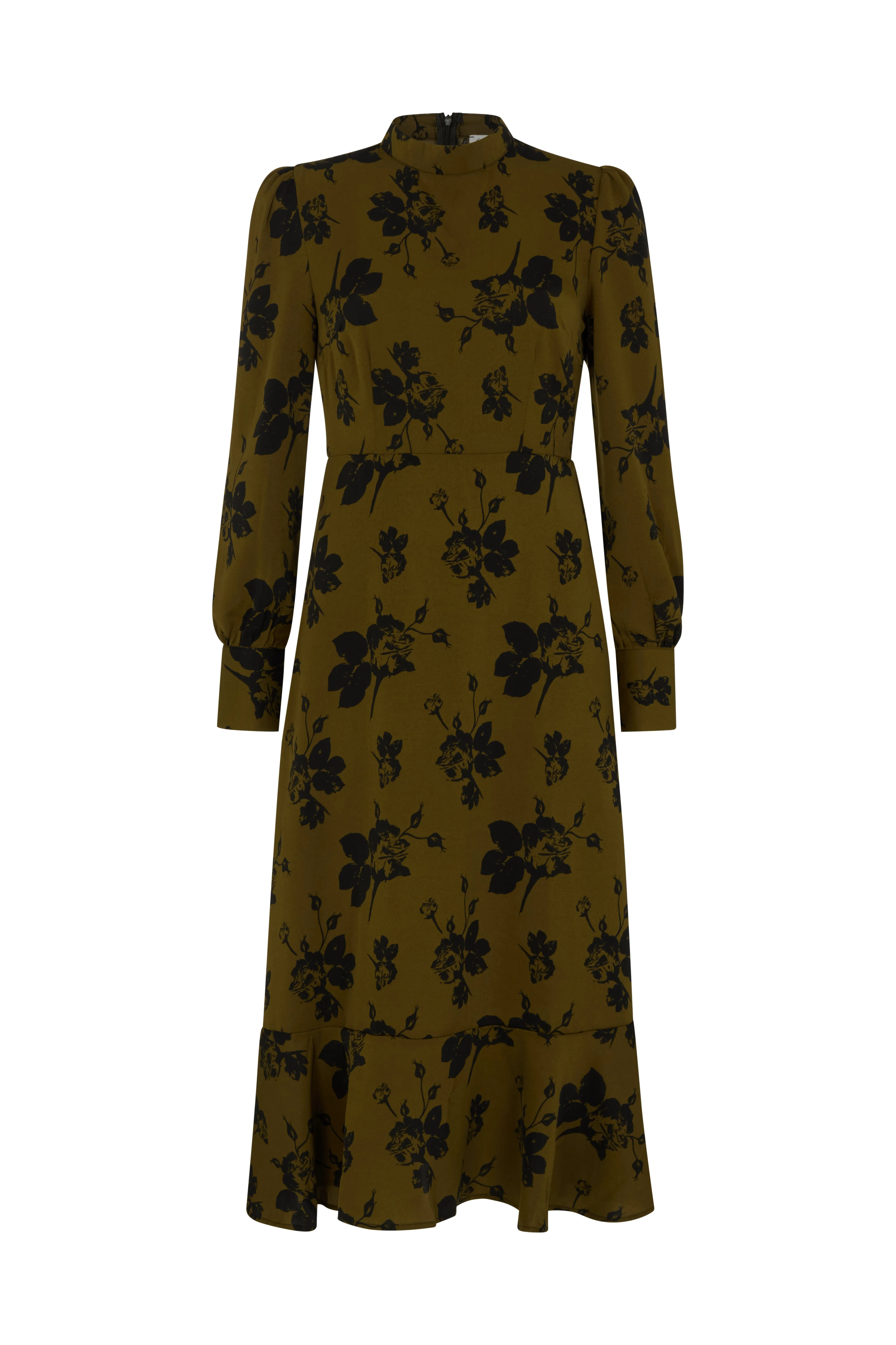 Scarlett High Neck Floral Print Midi Dress in Khaki