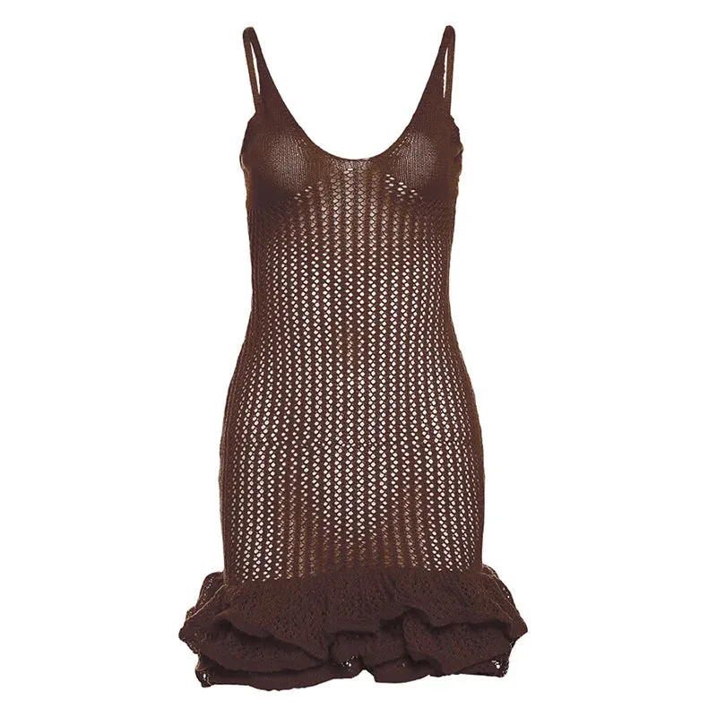 Sexy Knit Hipster Mini Dress with Pleated Hem and Deep V-Neck