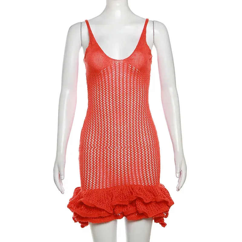 Sexy Knit Hipster Mini Dress with Pleated Hem and Deep V-Neck