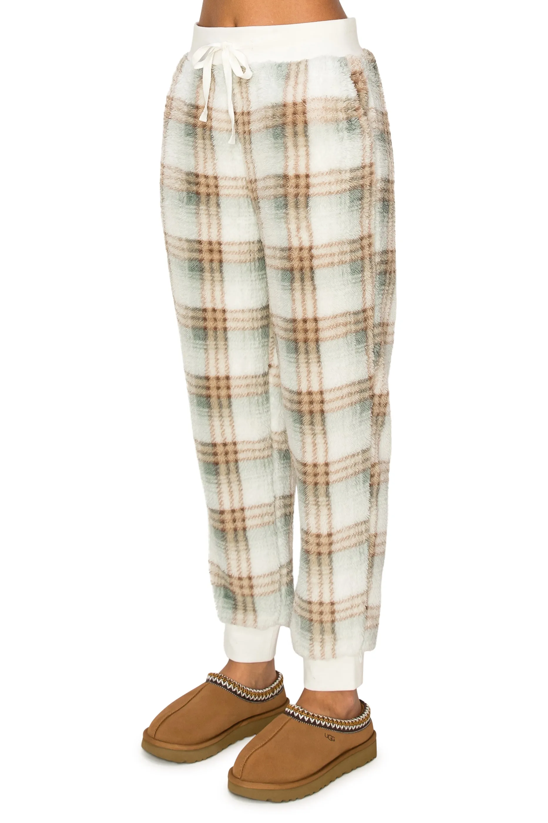 Sherpa Plaid Joggers Sweatpants - Sage Neutral