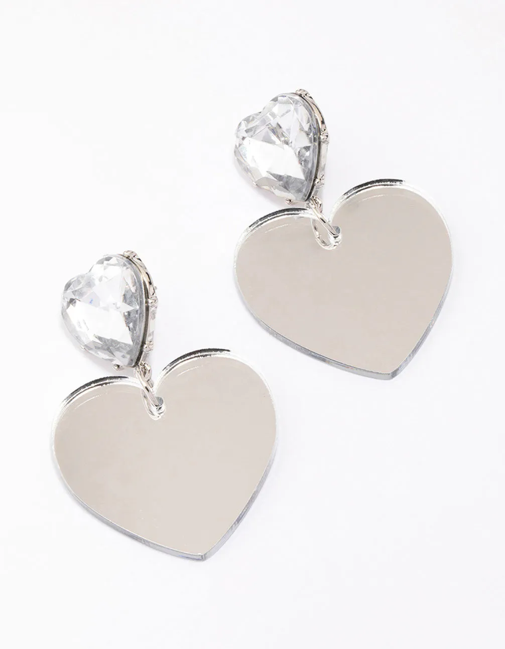 Silver Diamante Double Heart Drop Earrings