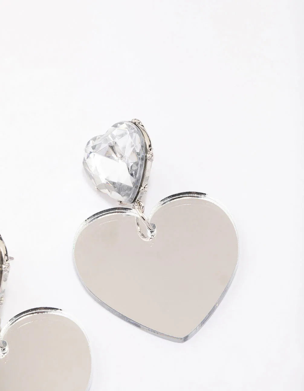 Silver Diamante Double Heart Drop Earrings