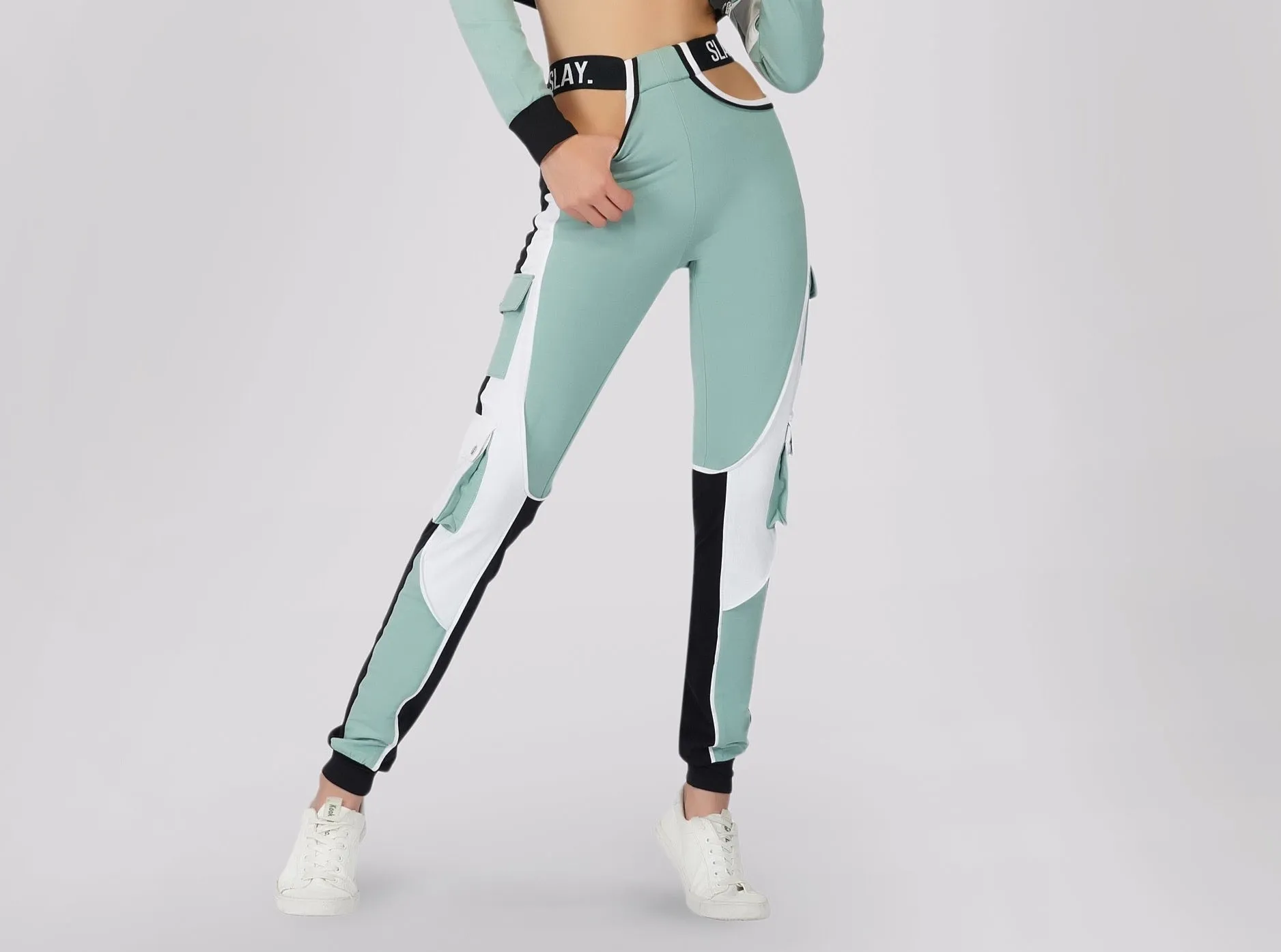 SLAY. Women's Activewear Joggers Turquoise Colorblock Cargo Pants Streetwear