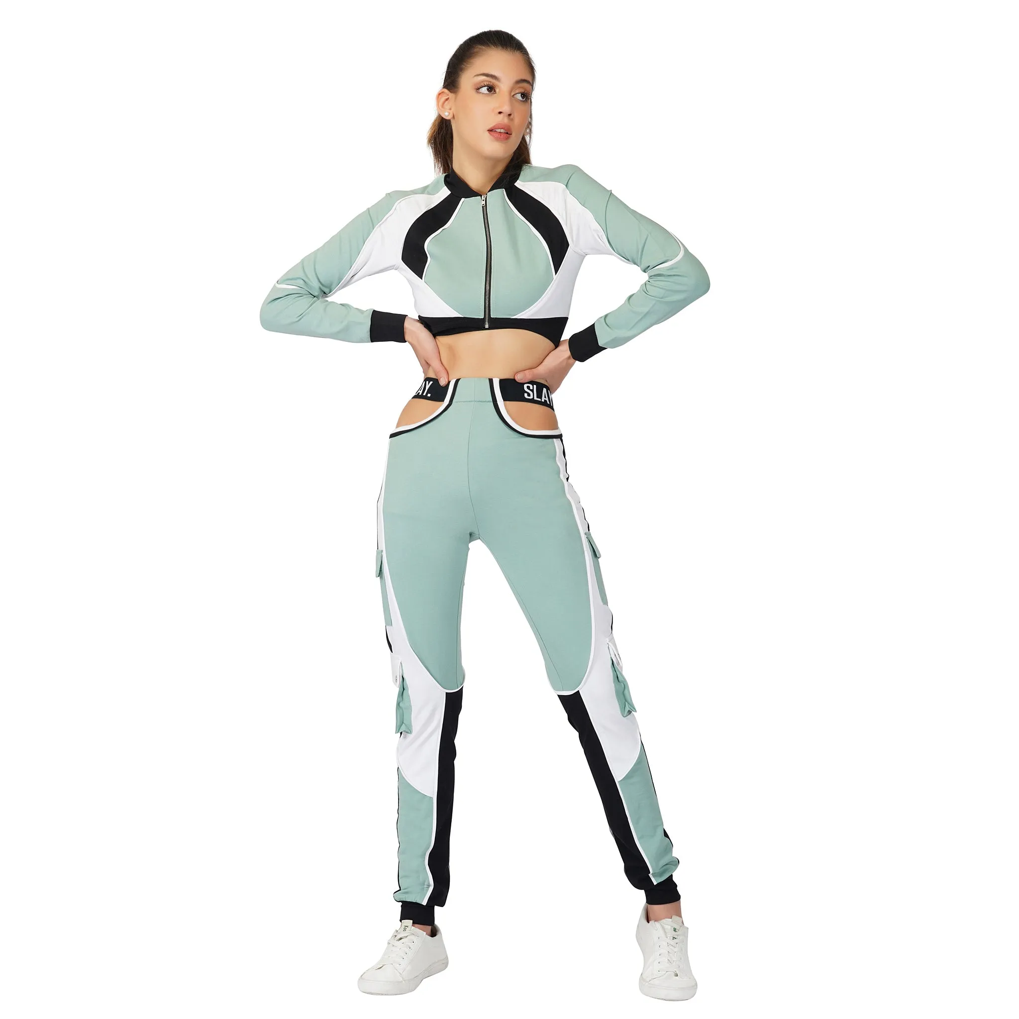 SLAY. Women's Activewear Joggers Turquoise Colorblock Cargo Pants Streetwear