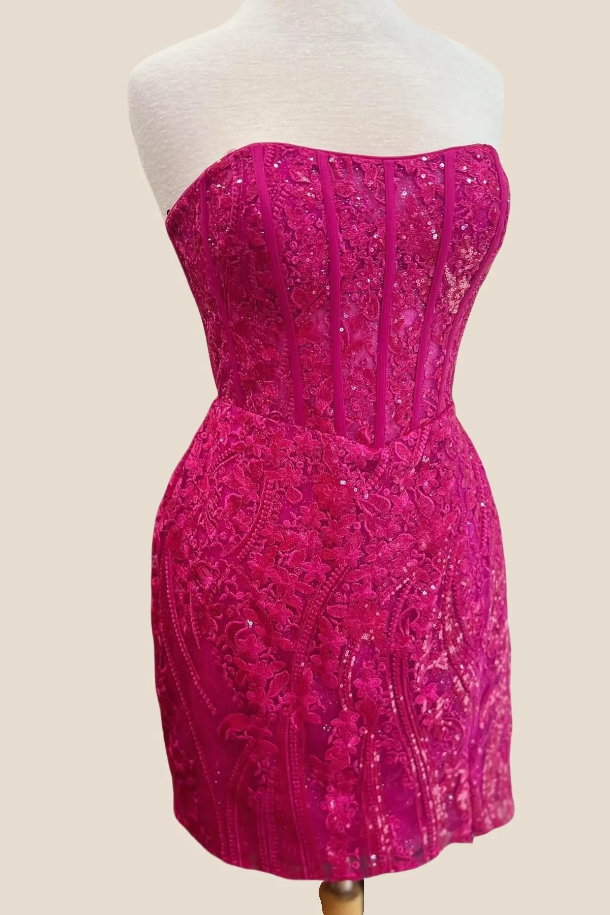 Strapless Raspberry Appliques Bodycon Short Dress