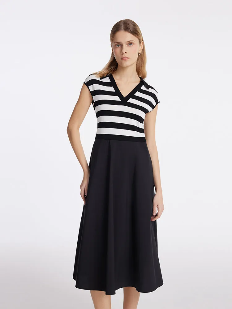 Tencel Striped Patchwork Women Midi Dress