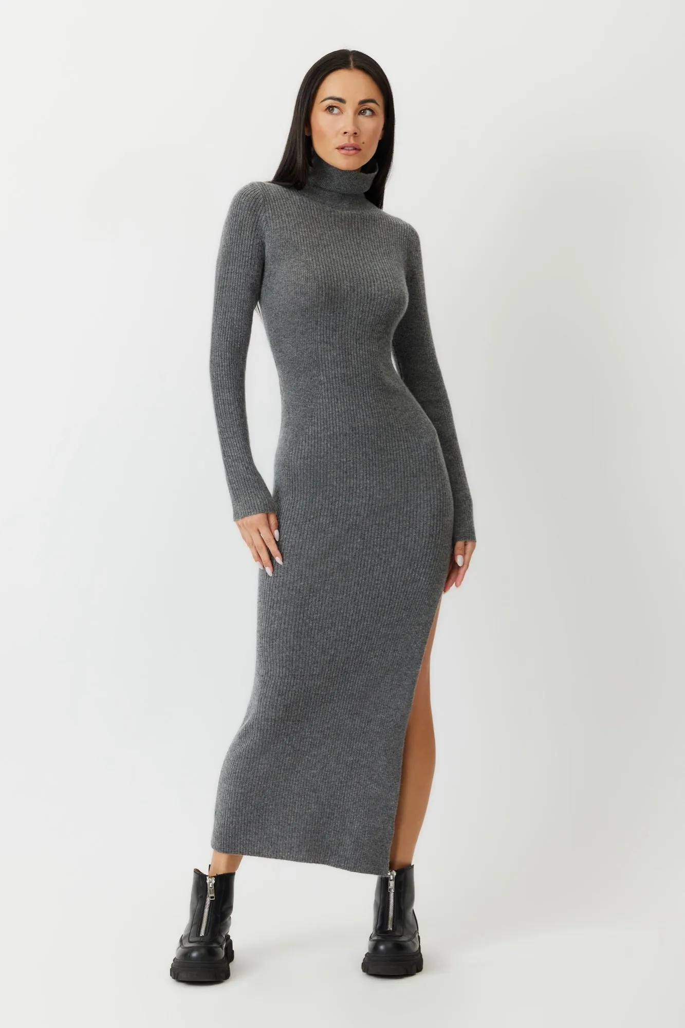 The Haley - Grey Cashmere Maxi Dress | Turtle Neck Elegance