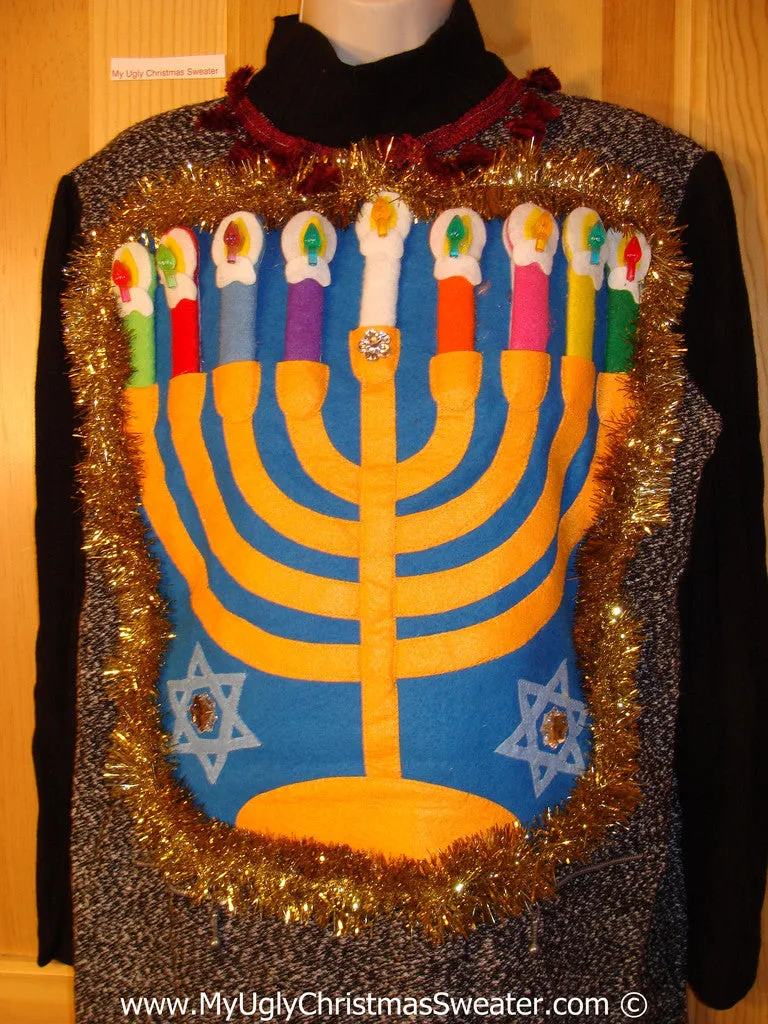 Ugly Christmas Sweater Party Hanukkah Dress with Menorah (d79)