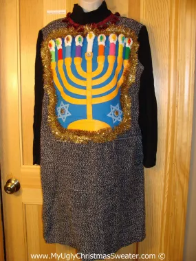 Ugly Christmas Sweater Party Hanukkah Dress with Menorah (d79)