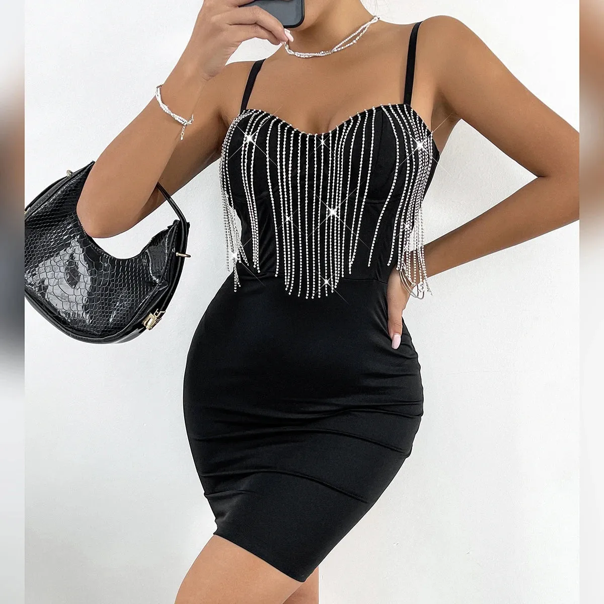 Vemina Fashion Sexy Club Party Glitter Rhinestone Chain TASSEL Halter Dress,Nightclub Backless Spaghetti Strap Slim Hip Skirt