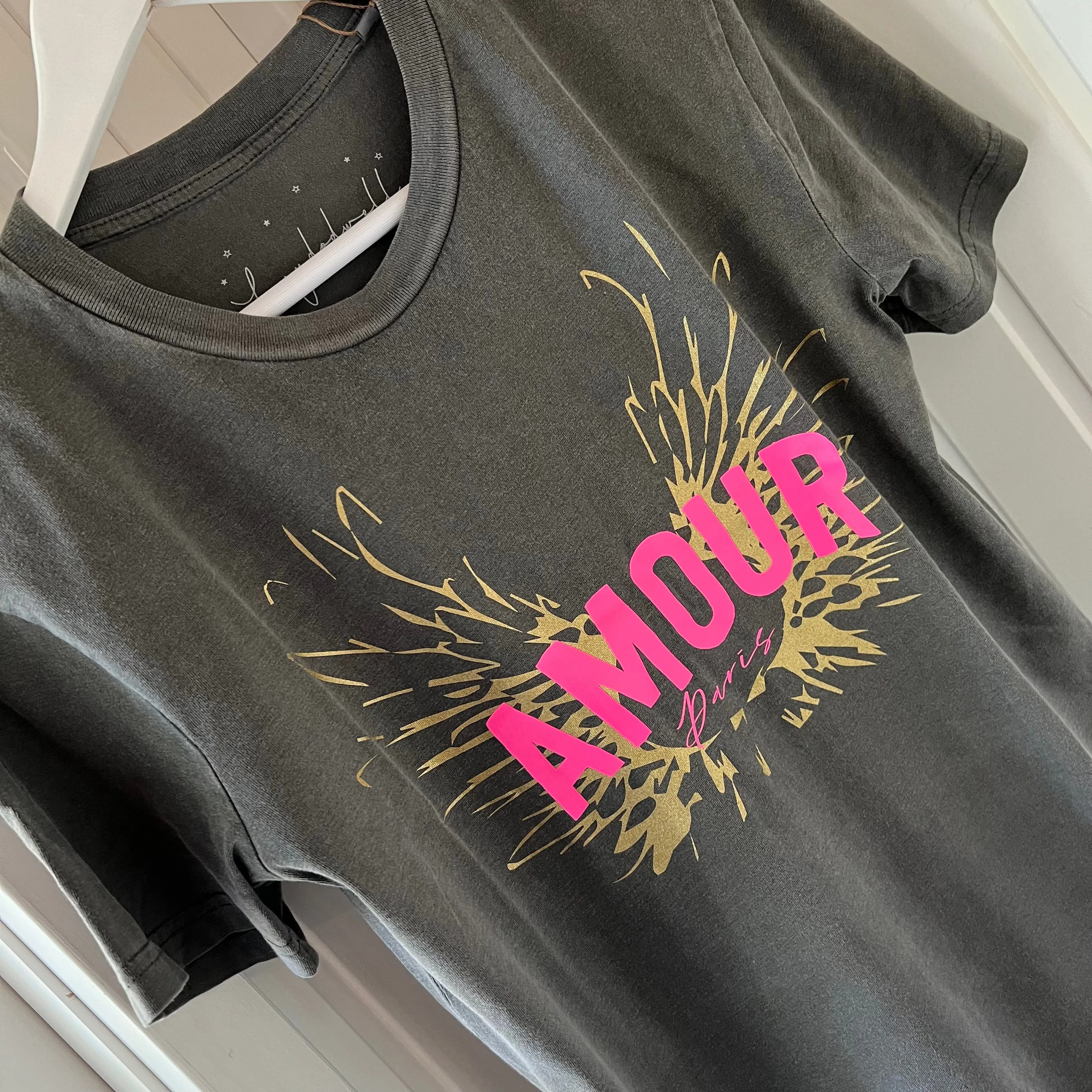 Vintage washed neon pink & gold AMOUR charcoal tee *boyfriend fit* *BACK IN STOCK*