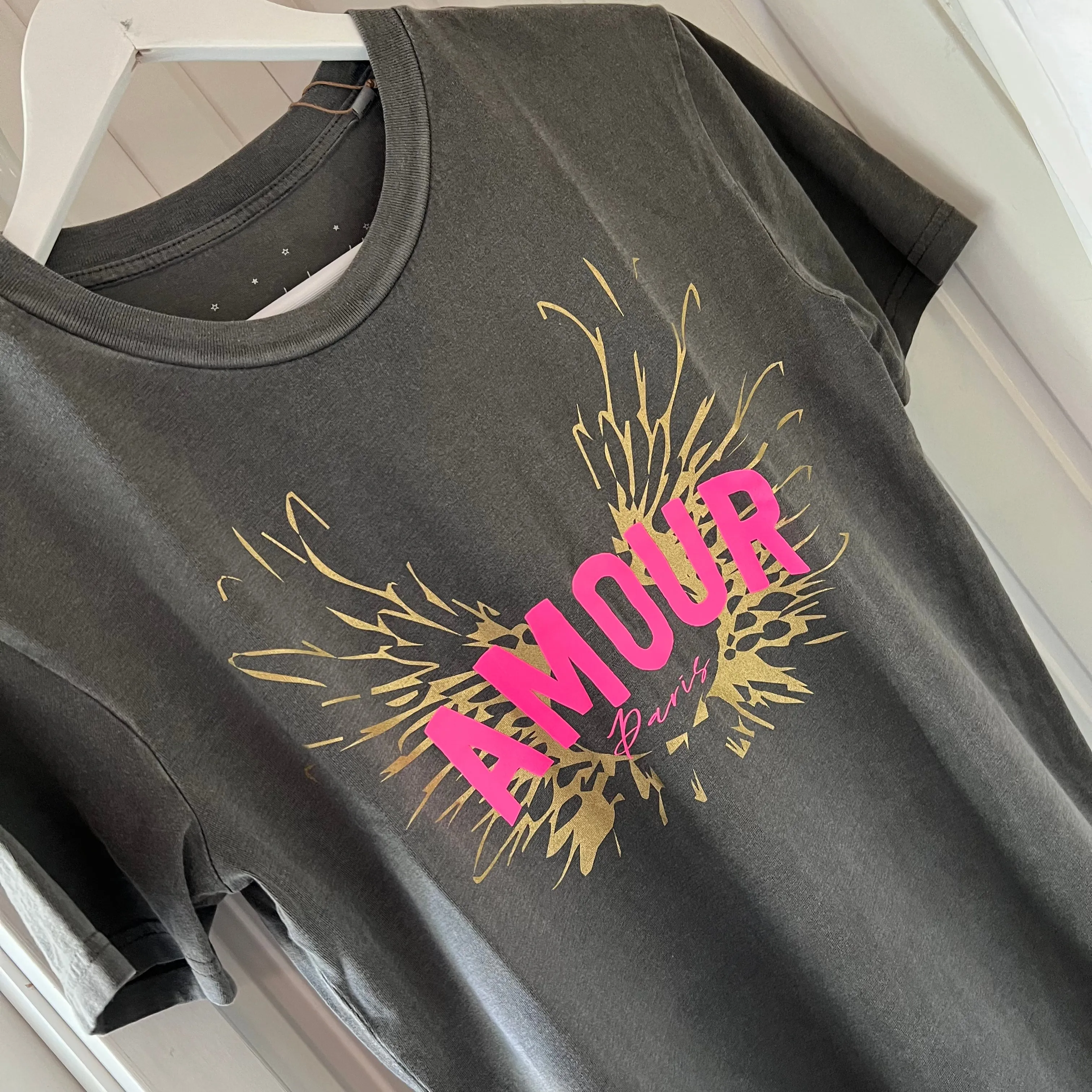 Vintage washed neon pink & gold AMOUR charcoal tee *boyfriend fit* *BACK IN STOCK*