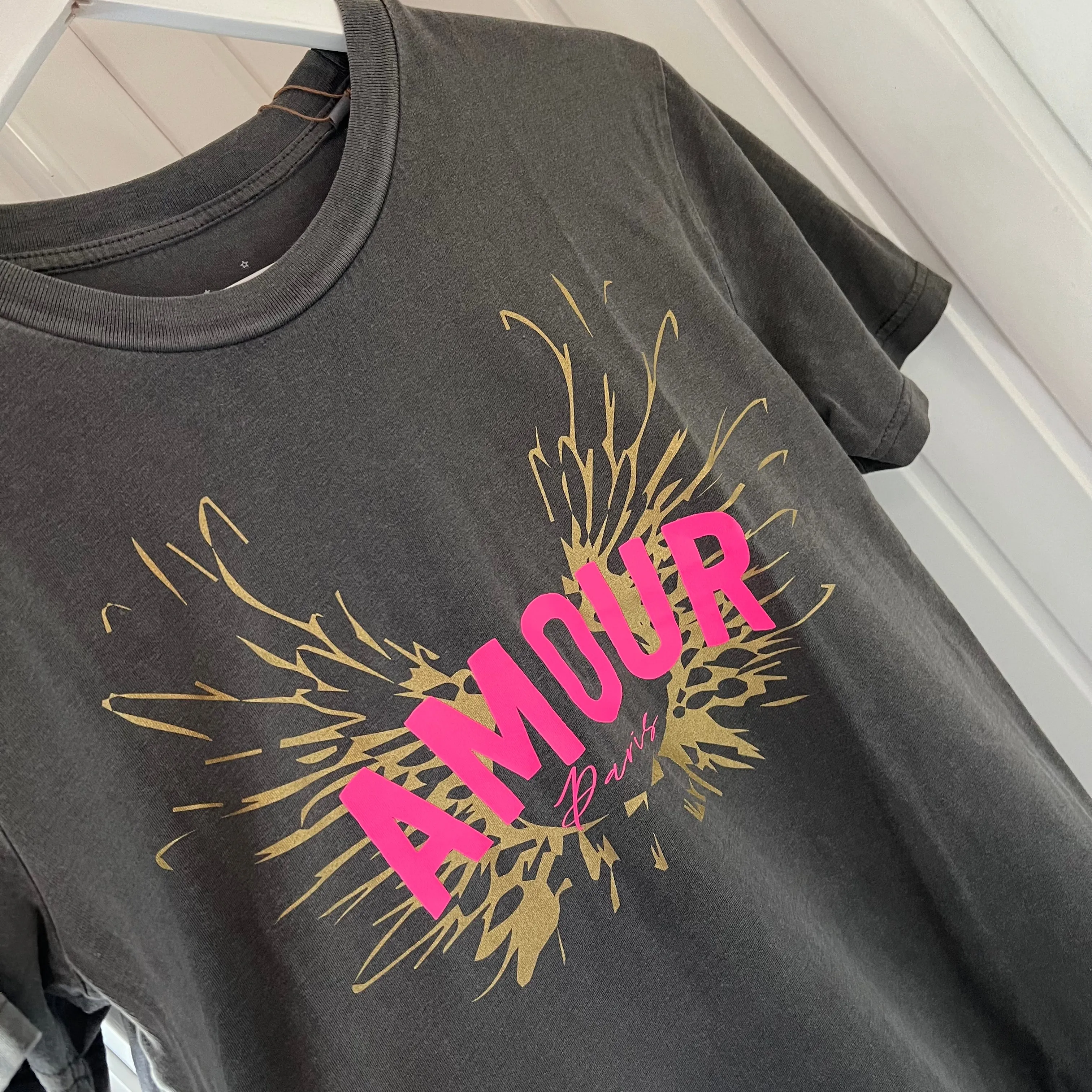 Vintage washed neon pink & gold AMOUR charcoal tee *boyfriend fit* *BACK IN STOCK*