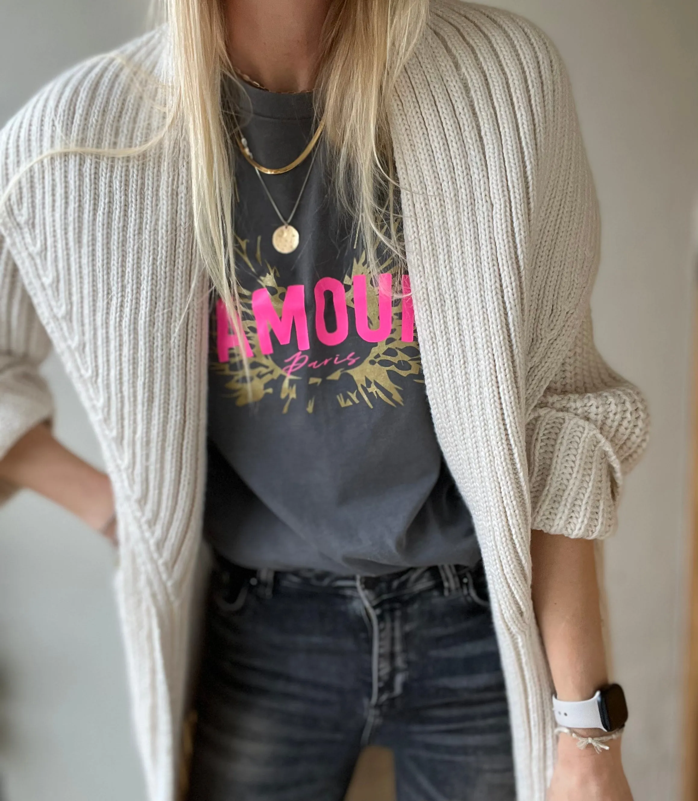 Vintage washed neon pink & gold AMOUR charcoal tee *boyfriend fit* *BACK IN STOCK*