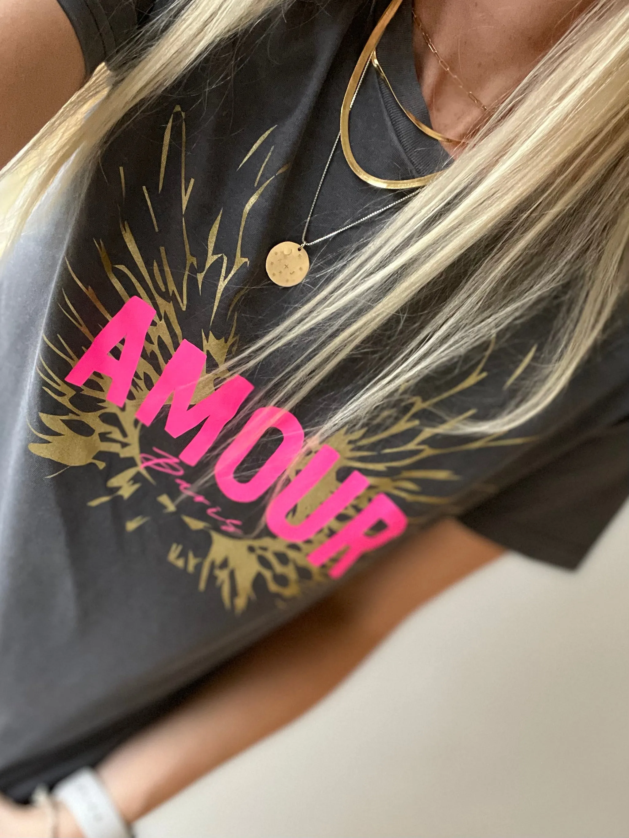 Vintage washed neon pink & gold AMOUR charcoal tee *boyfriend fit* *BACK IN STOCK*