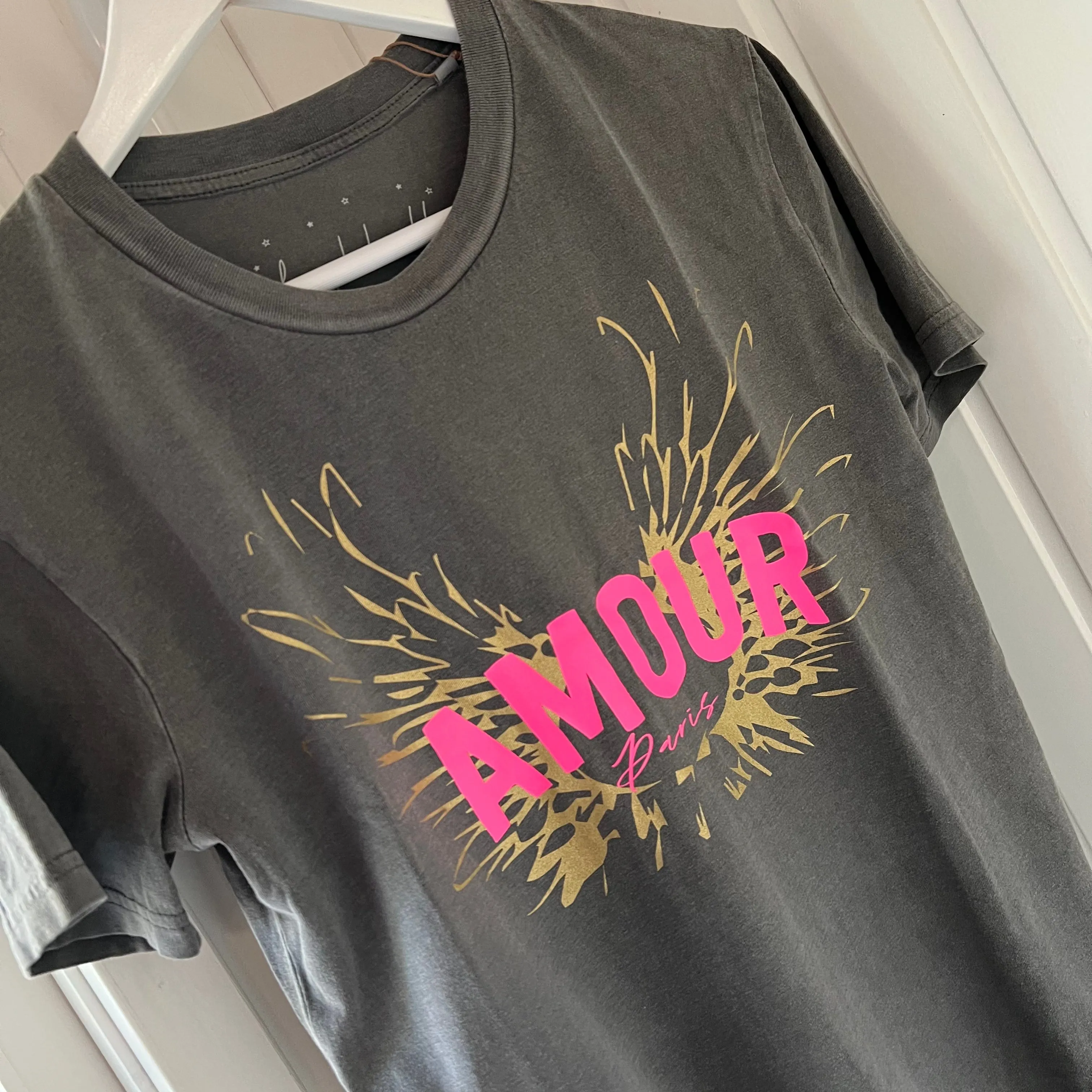 Vintage washed neon pink & gold AMOUR charcoal tee *boyfriend fit* *BACK IN STOCK*