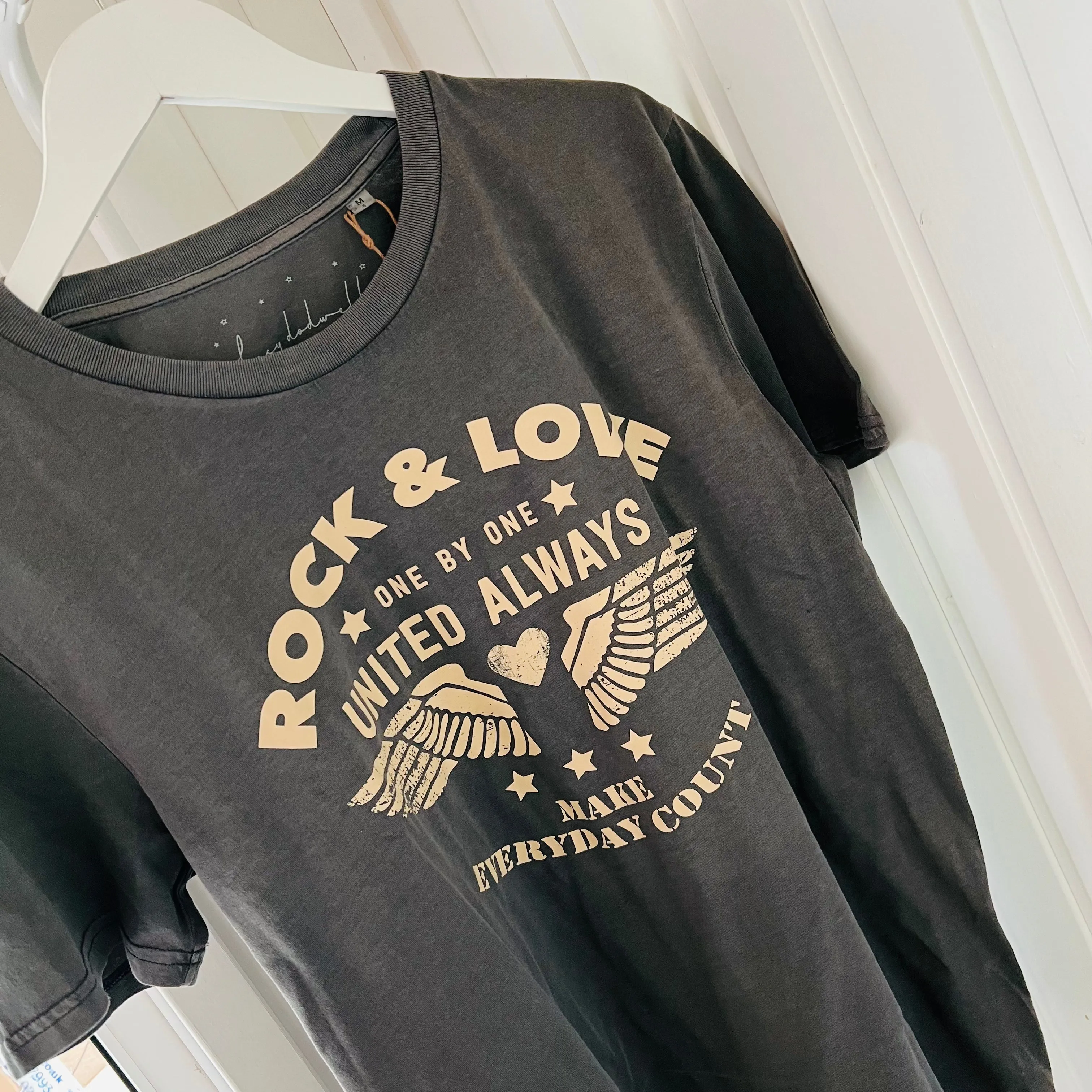 Vintage washed ROCK & LOVE, UNITED ALWAYS wings charcoal tee *boyfriend fit* *new*