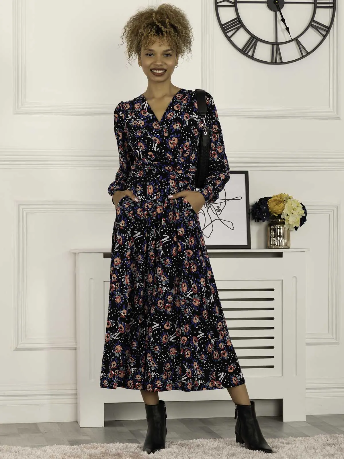 Vivian Long Sleeve Dress, Navy Floral