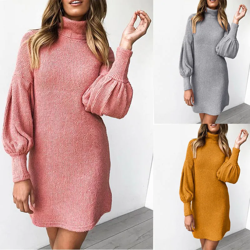 Winter fashion high collar long sleeve dress