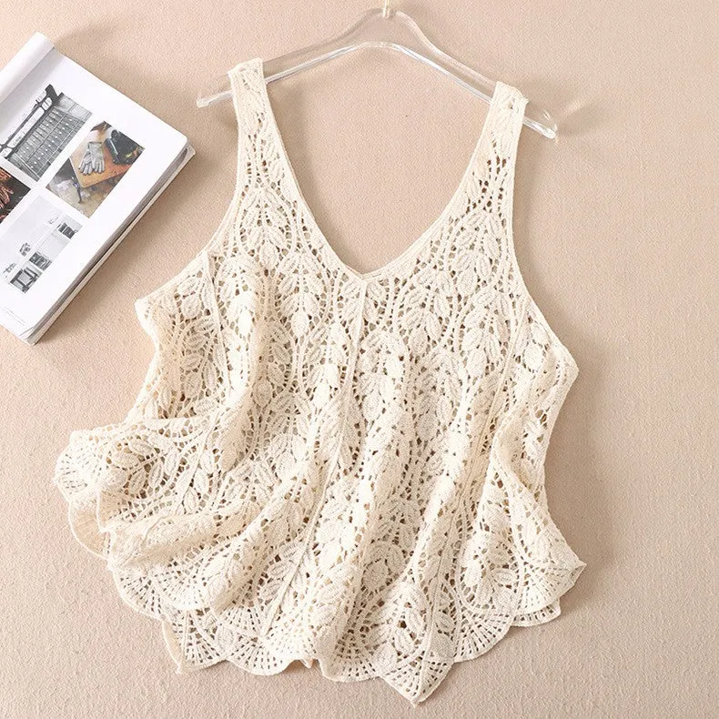 Women Sleeveless Tank Top Crochet Boho Camisole Summer Cover Up Vest Shirt Leaf A Line