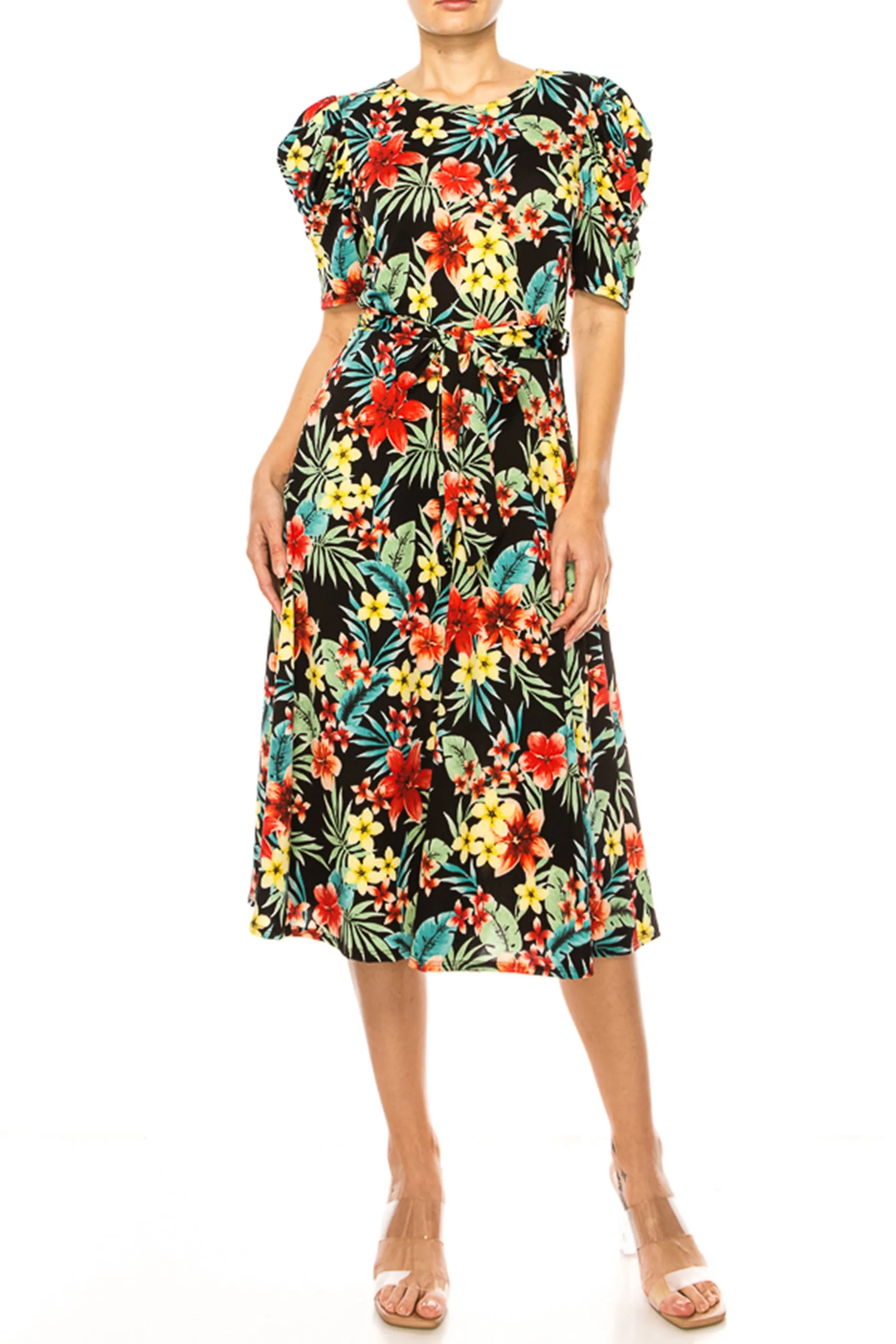 Women's Elegant Printed Midi Dress with Puff Sleeves and Sash Tie