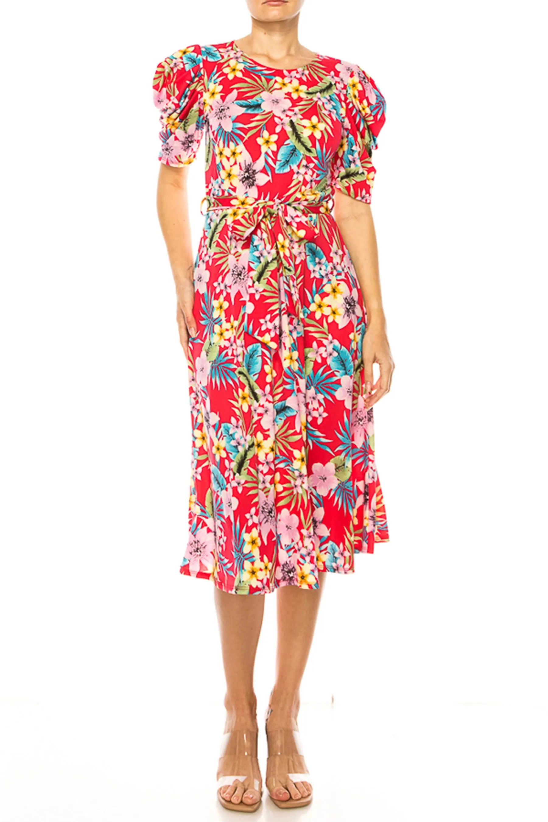 Women's Elegant Printed Midi Dress with Puff Sleeves and Sash Tie