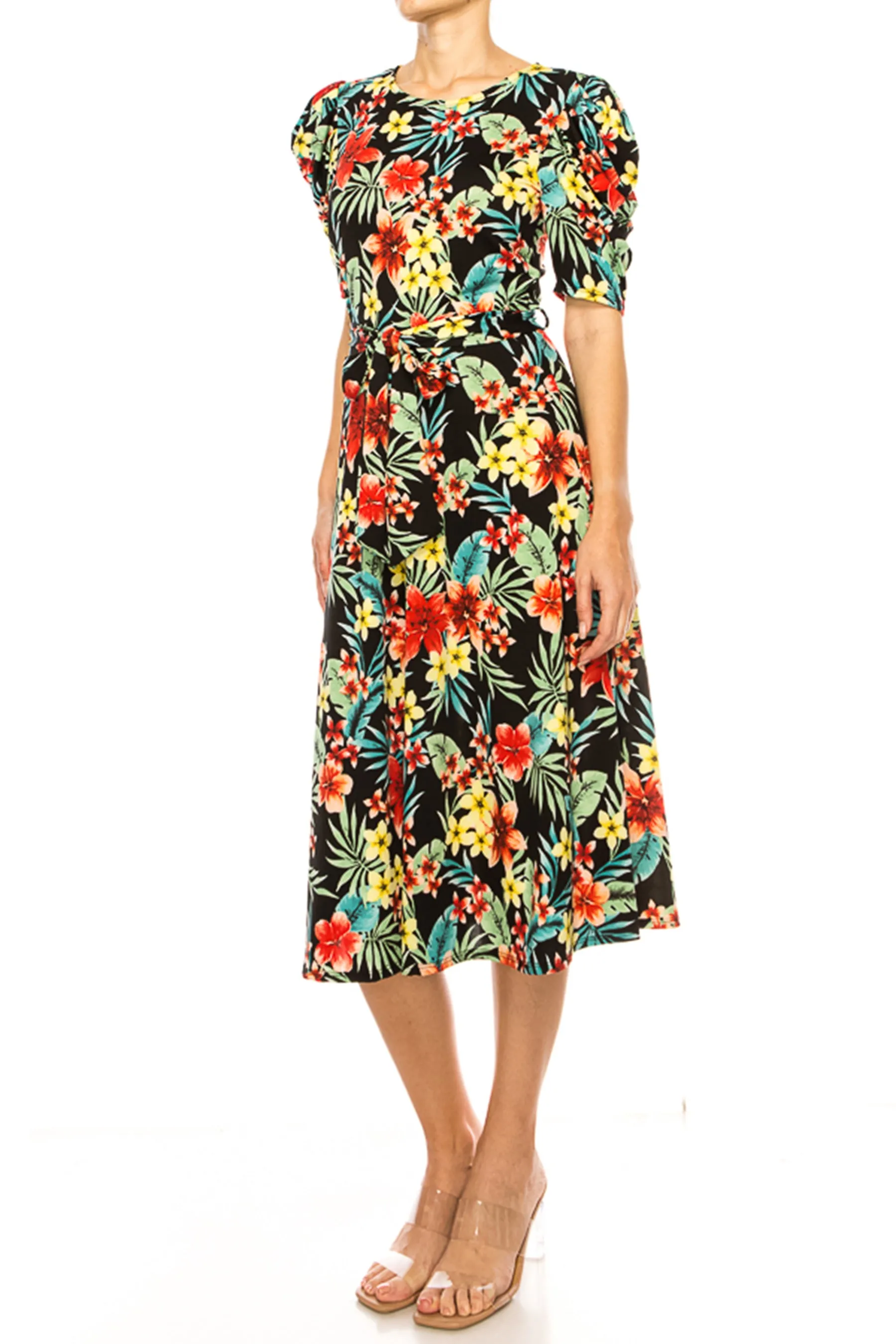 Women's Elegant Printed Midi Dress with Puff Sleeves and Sash Tie