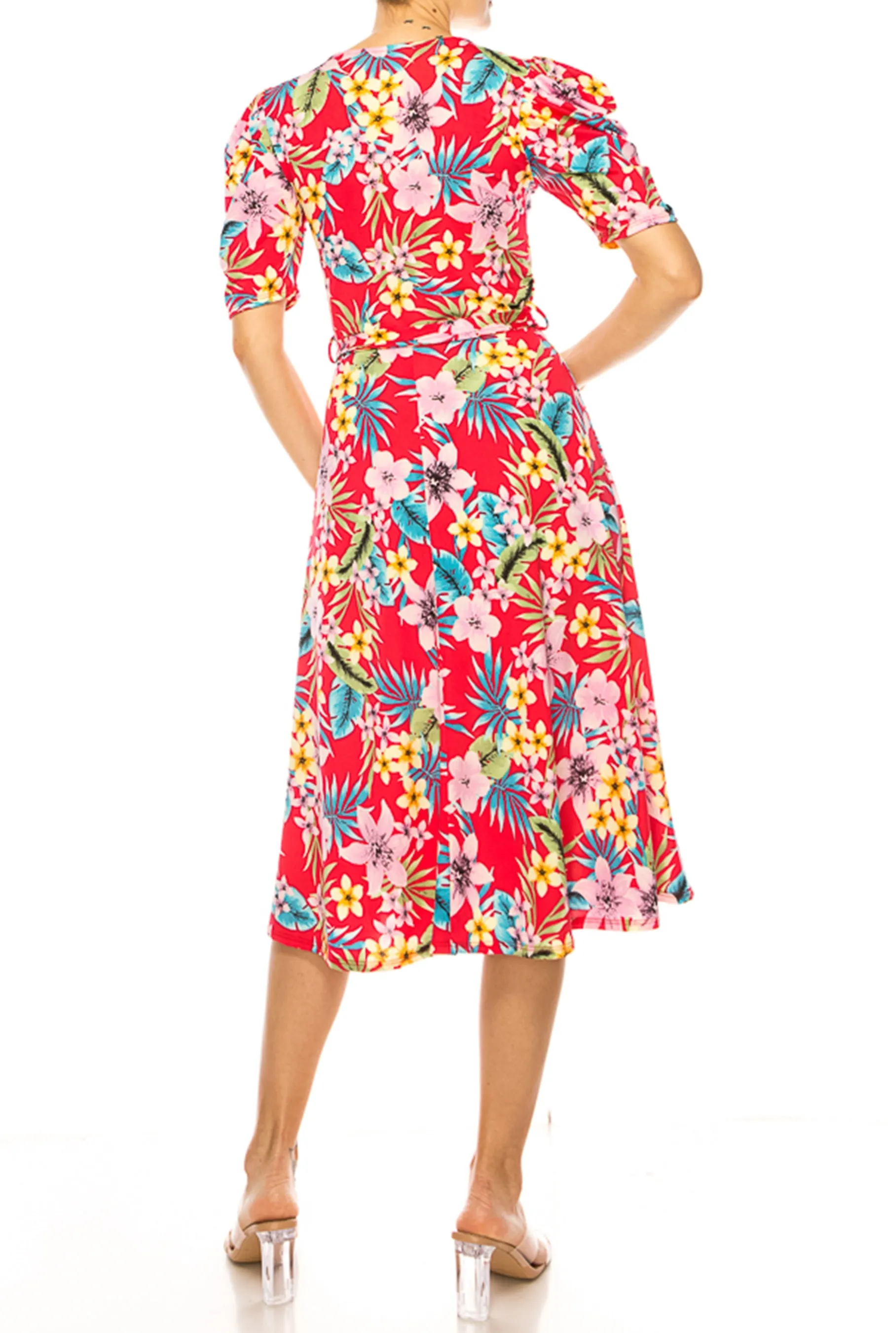 Women's Elegant Printed Midi Dress with Puff Sleeves and Sash Tie