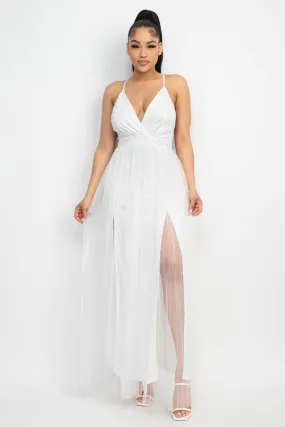 Women's Pleated mesh slit maxi dress